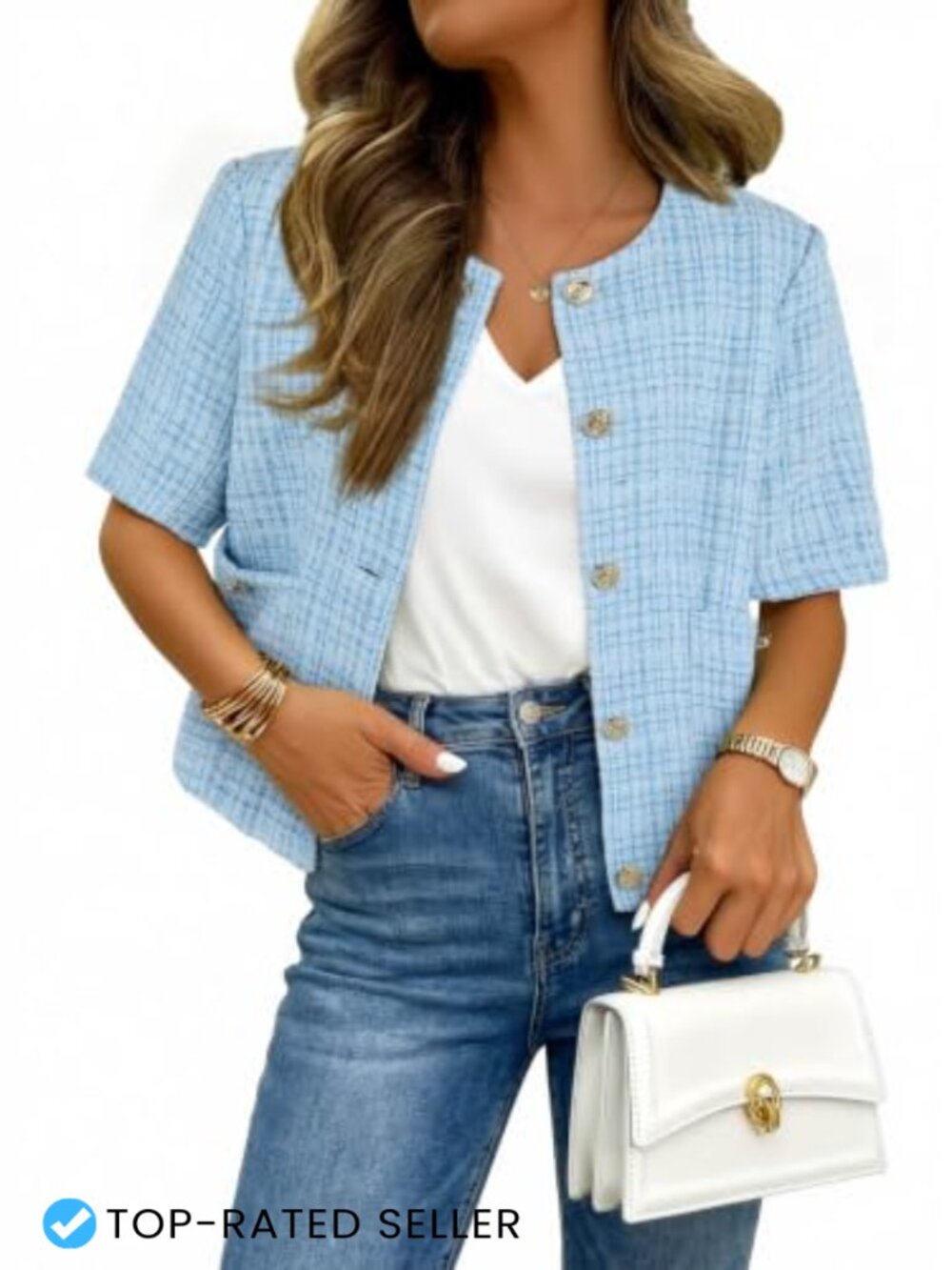 Womens Tweed Cropped Blazer Short Sleeve Business Casual Jacket